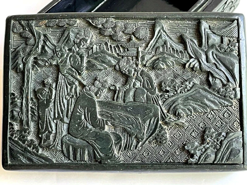 Antigua caja de cigarrillos china tallada en laca de cinabrio negra, años 1900-1920, rara Foto 3 de 4