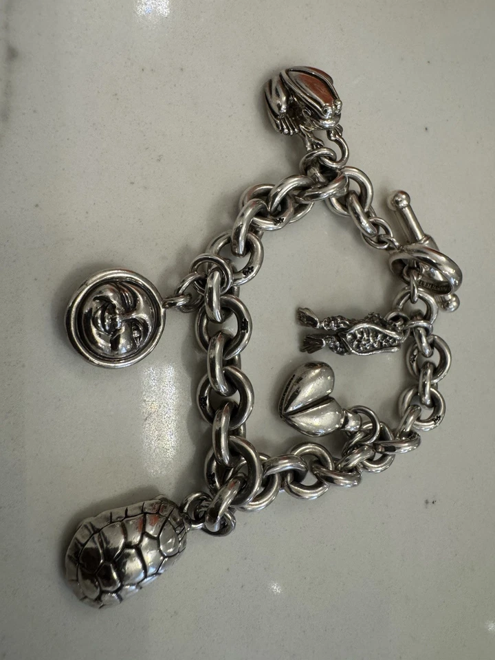 AUTÉNTICO Brazalete de 5 Dijes con Cordón de Guijarro, Plata de Ley 925, 8 pulgadas Foto 2 de 4