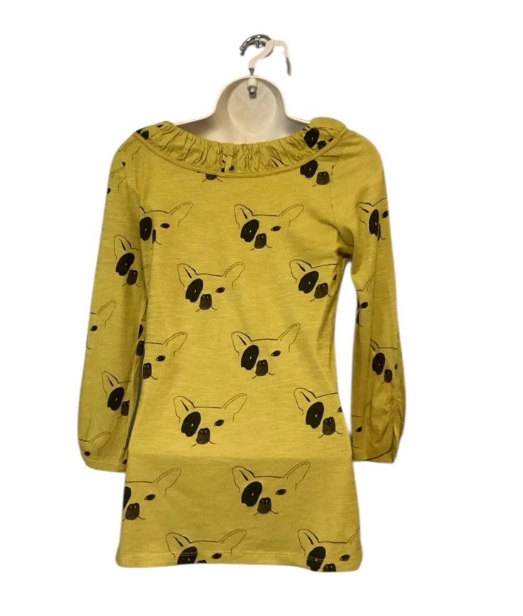 Top Anthropologie Matasellos Estampado Bulldog Francés XS Amarillo Mostaza Extravagante Foto 3 de 4