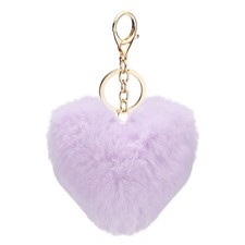 Pom Pom Keychain, 10 cm Soft Cute Fluffy Heart Key Ring, Purple