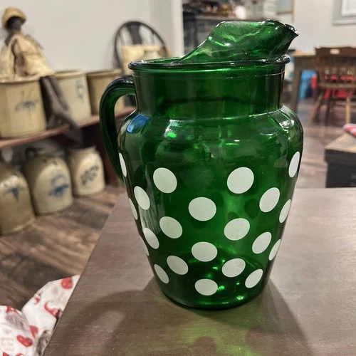 Anchor Hocking Fire King Forest Green Polka Dot Pitcher Vintage Mid century