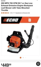 New ECHO 200 MPH 700 CFM 59.7 cc Backpack Leaf Blower w/ Tube-Mounted Throttle 