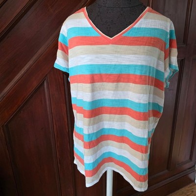 Belle Kim Gravel Striped V-Neck Short Sleeve Top 1X Multi-Color Lightweight