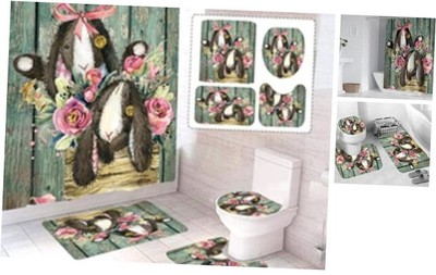4Pcs Farmhouse Shower Curtain Set, Rose Fun Cute Animal Rabbit Scarecrow 