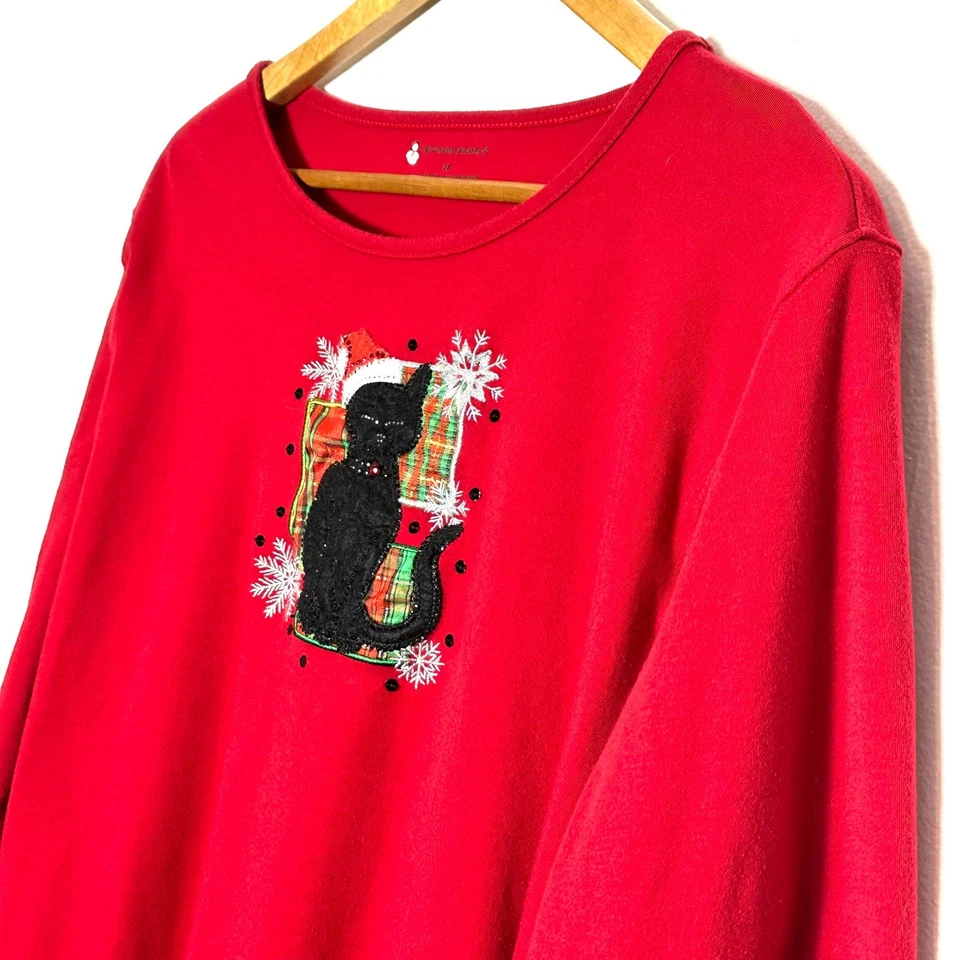 Camisa Designers Originals Para Mujer 2X Roja Manga Larga Gato Vacaciones Top Foto 3 de 4