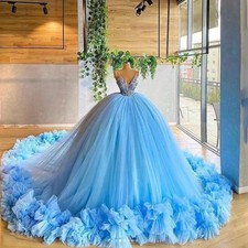Sky Blue Princess Ball Gown Quinceanera Dresses Lace Applqiues V Neck Sweet 16