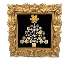 VTG Costume Jewelry Christmas Tree Framed Art Wall Décor Gold Black Velvet OOAK