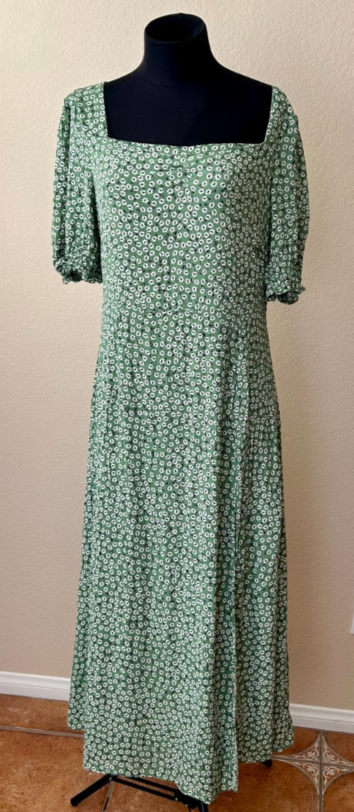 H&M Green/White Floral Midi Dress Puff Sleeve Stretch Size L Cottagecore