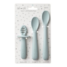 3 PCS Silicone Spoon Set Baby Unbreakable Self Feeding Utensils Blue Handles