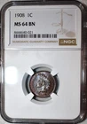 NGC MS-64 BN 1908 Indian Head Cent, Attractively Toned specimen.