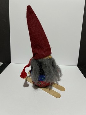 Tomte on Skis Skiing Red Wood Hand Crafted Gnome Nisse Skandinavian