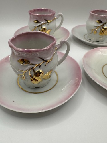 Antique Porcelain Demitasse Cups & Saucers Set of 4 Pink & Gold Hand Painted - Picture 10 of 14