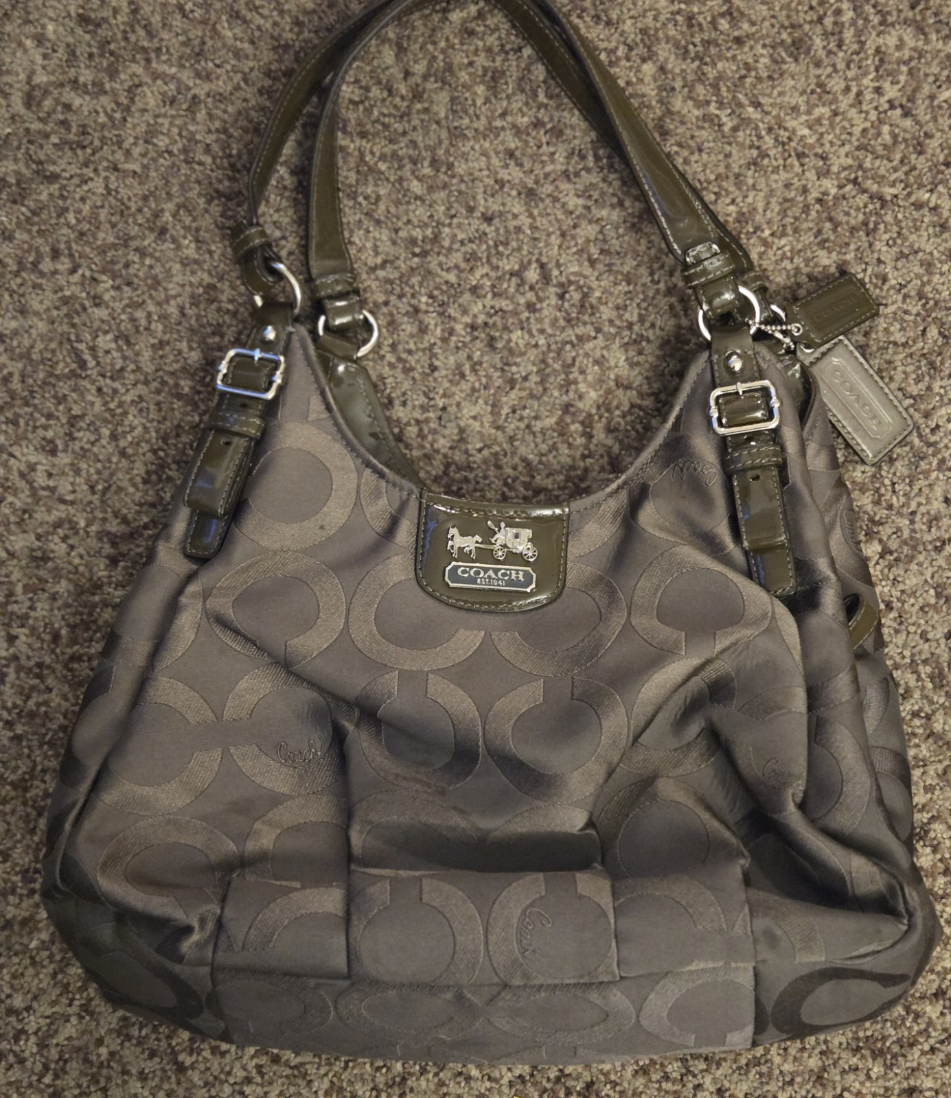 Coach Madison Op Art Maggie F1120-18763 Brown Handbag Purse Purple Lining