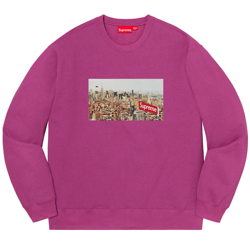 NWT Supreme Aerial Box Logo Skyline Men's Crewneck Sweatshirt Purple L  AUTHENTIC