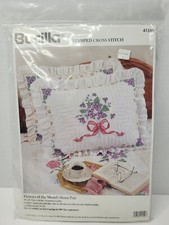 Vtg 1996 Bucilla Stamped Cross Stitch Kit Flowers of the Month Sham Pair 41559