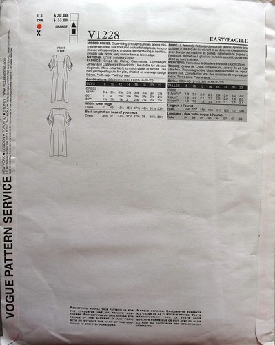 OOP Vogue V1228 Vena Cava Designer Kimono Sleeves Square Neck Dress Pattern 8-14 - Picture 4 of 4