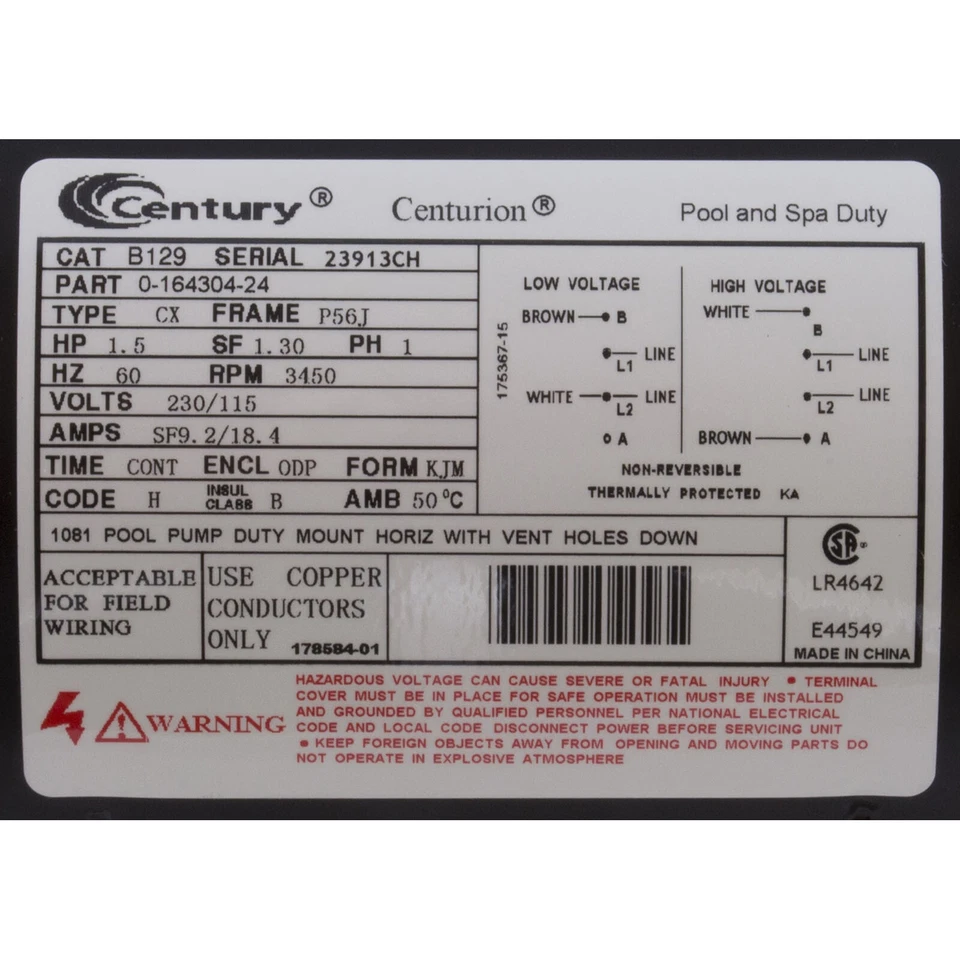 Motor, Century, 1.5hp, 115v/230v, 1-Spd, 56Jfr, C-Face Thd - Image 3 of 4