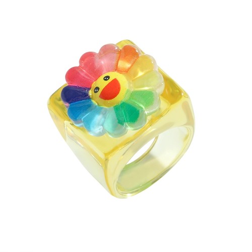 Cute Rainbow Sunflower Ring Retro Resin Square Accessory Colorful Floral Jewelry - Picture 12 of 17
