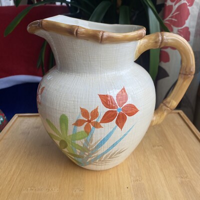 Target Ipanema Hand-Painted Ceramic PITCHER Floral & Bamboo-look Global Home
