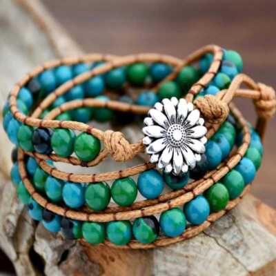 Blue natural stone cowhide rope 3 circles Yoga Energy cuff men mala bracelet