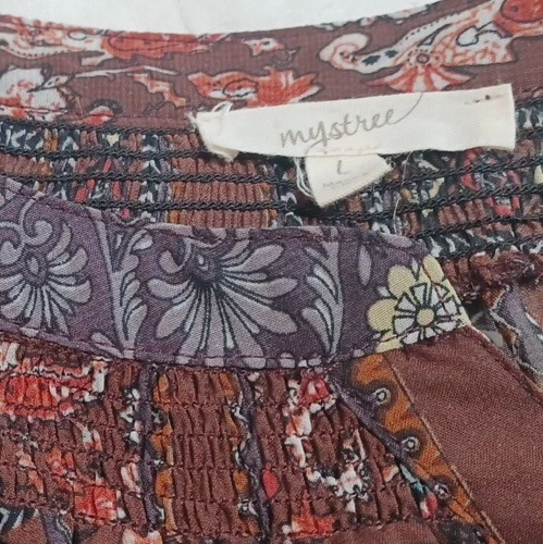 Mystree Tunic Top Brown Floral Blouse Sz L Sheer Peasant Smock Neck Long Sleeve - Image 4 of 4