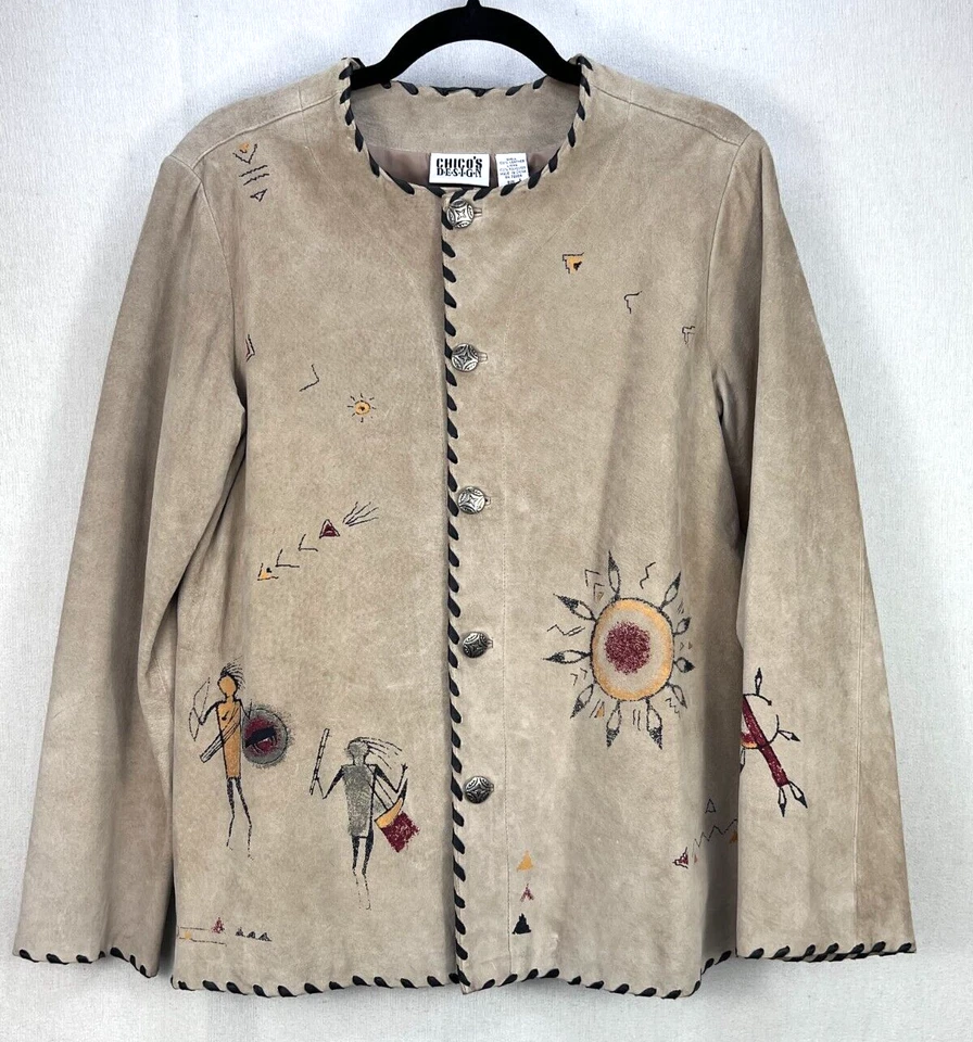CHICOS Design Southwestern Leather Jacket Womens XL Brown Button Native American - Image 3 of 4
