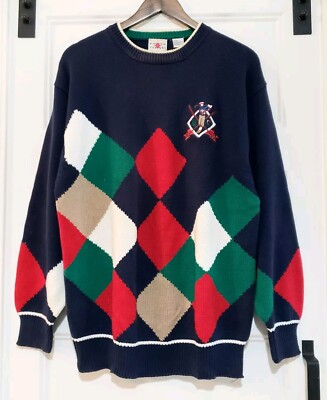 Vintage Cotton Traders Argyle Diamond Mens M Golf Crewneck Sweater Knit Navy 
