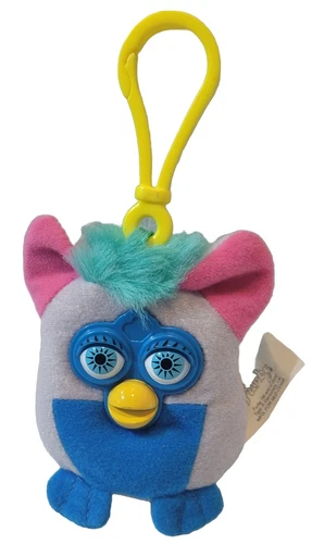 Vintage 2000 McDonalds Furby Toy Gray And Blue Plush Clip Keychain