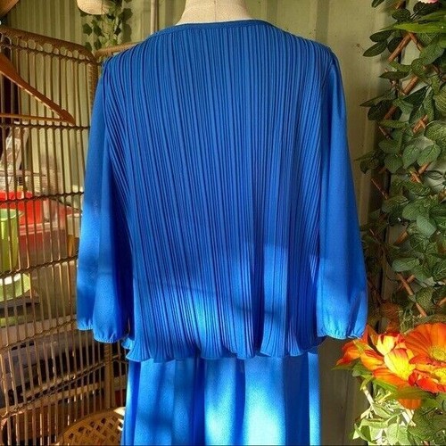 Good Times Vintage Pleat Long Sleeve Midi Dress Size 16 Teal Blue 80s 90s - Picture 5 of 6