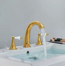 Gold Color Brass Widespread Bathroom Basin Faucet Sink 3 Hole Mixer Tap fgf022