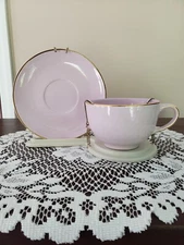 Teleflora Cup & Saucer Set Pink With Gold Trim  celebrating 75 years with stand