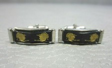 Vintage Elongated Double Gold Onyx Soldier White Gold Plated Cuff Links