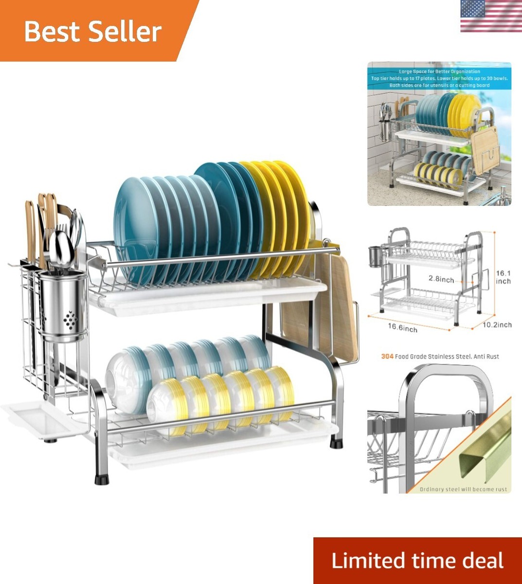 Sleek 2-Tier Dish Drainer Set in Rust-Free Stainless Steel Easy