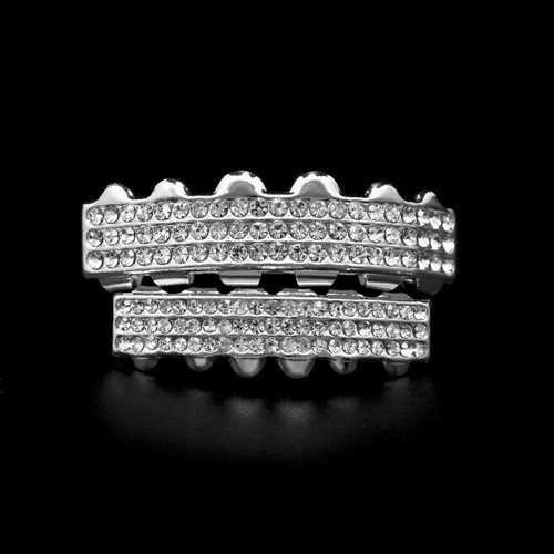 Pair of 14K Silver Plated Rap Style Top/Bottom Rhinestone Grillz Set w/ Adhesive