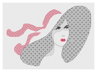 Blackwork Embroidery Kit or Pattern by Florashell - Lady in Red Ribbon Hat