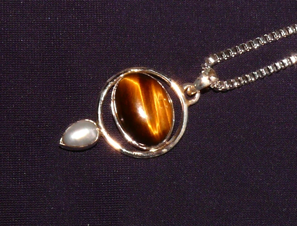 Halskette, Anhänger Silber, Tigerauge + Perle, Kette versilbert, 5,5g 29x19x7mm - Bild 4 von 4