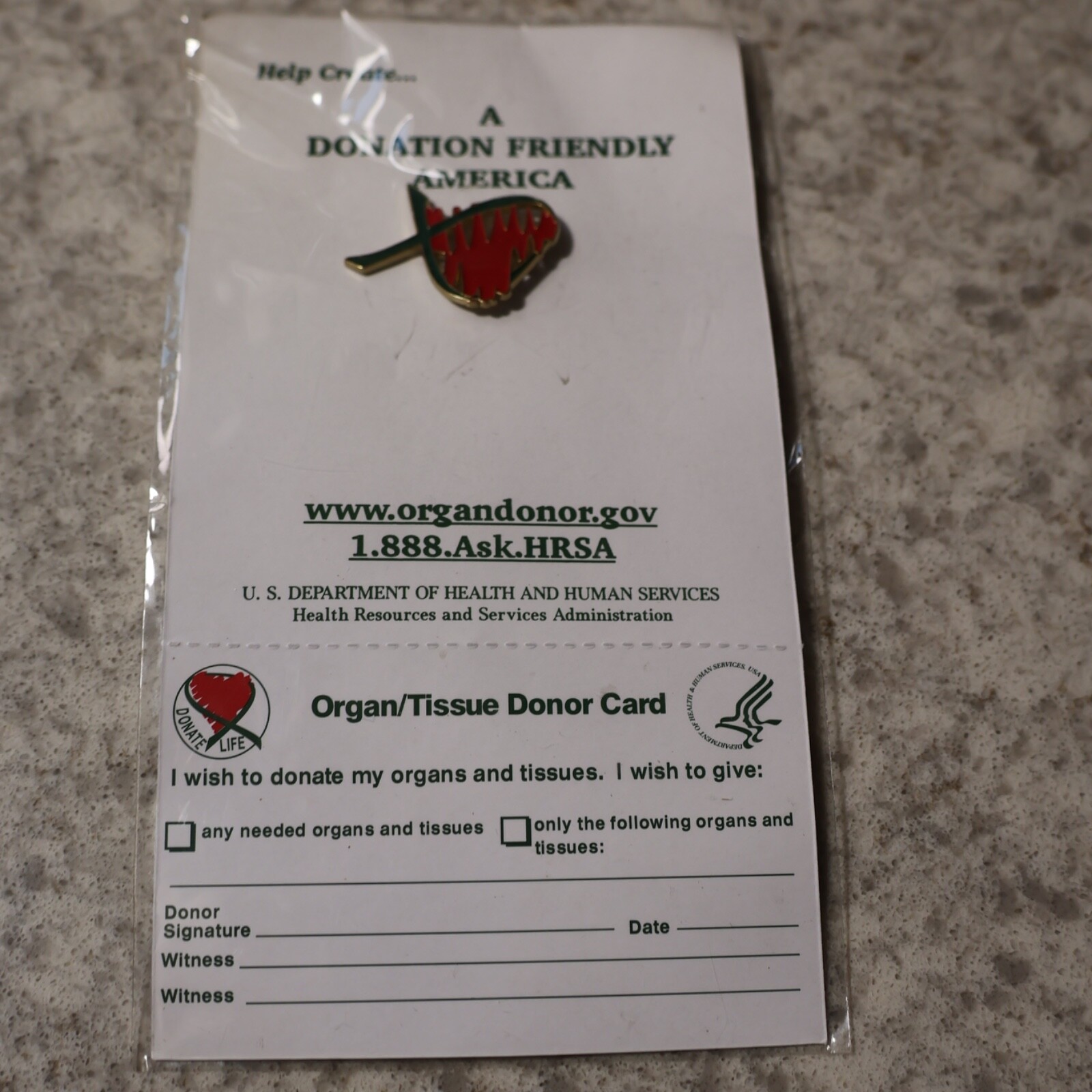 Organ Donation Awareness Green Ribbon Red Center Lapel Pin Hat Vest on card