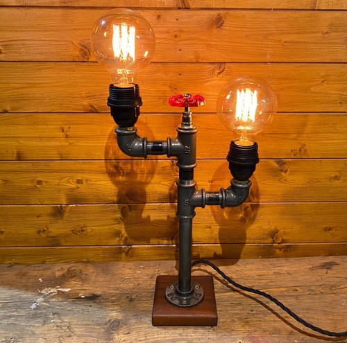 Industrial Table Lamp, Steampunk Retro, Dual Edison Bulb, Mahogany Base, Mancave - Picture 8 of 10