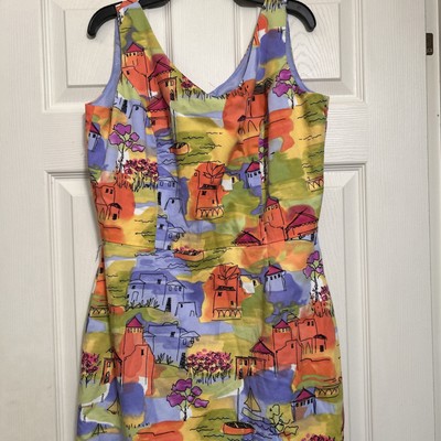 Coldwater Creek Colorful Seaside Village Print Sheath V-Neck Dress Size 10 
