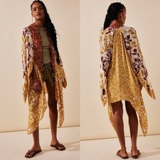 Free People Marley Mixed Print Kimono Cardigan Tumeric Floral Open Back OS Flowy