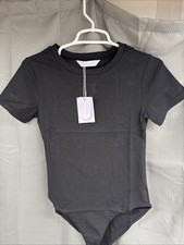 Mangopop Women's Short Sleeve Round Neck Bodysuit - Black - Medium - New