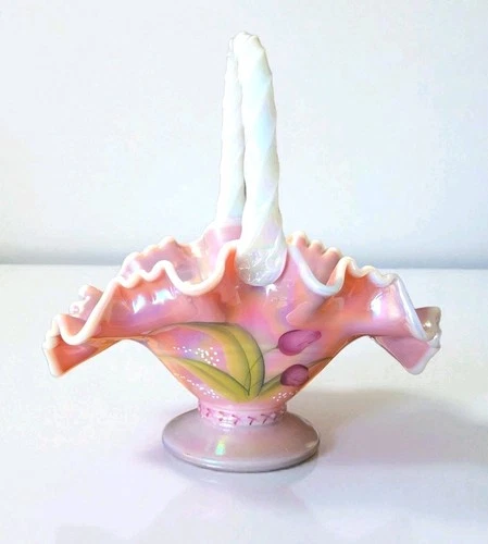 Fenton Legacy Collection Rosalene Iridescent Tulip Basket 95th Pink Shell Opal