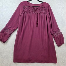 IN San Francisco Womens Burgundy Crochet Lace Tie Neck Shift Dress Maroon Small