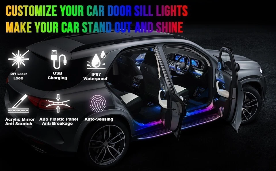 Luz LED dinámica USB recargable personalizada para alféizar de puerta de coche luz de pedal magnético Foto 3 de 4