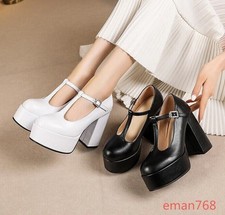 Women's T-strap Platform Block Heels Mary Jane Faux Leather Dress Party Shoes SZ