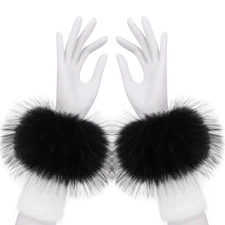 Faux Fur Short Wrist Cuffs Winter Fluffy Furry Wristbands Arm Warmer Blackwhite