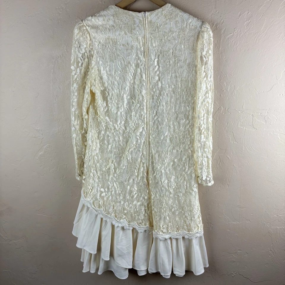 Vestido Vintage David Rose Flapper Crema Manga Larga Cuello Redondo Encaje Boda 12P Foto 4 de 4