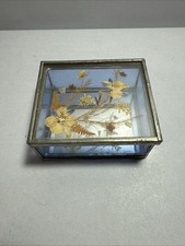 Vintage Handmade Stained Glass Jewelry Box Pressed Flowers Blue Leaded Glass