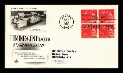DR JIM STAMPS US COVER LUMINESCENT TAGGED 8C AIR MAIL FDC BLOCK ARTCRAFT