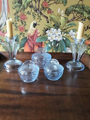 Vintage 30er Jahre Art Deco Bagley Pressglas Schminktisch 5 teiliges Set